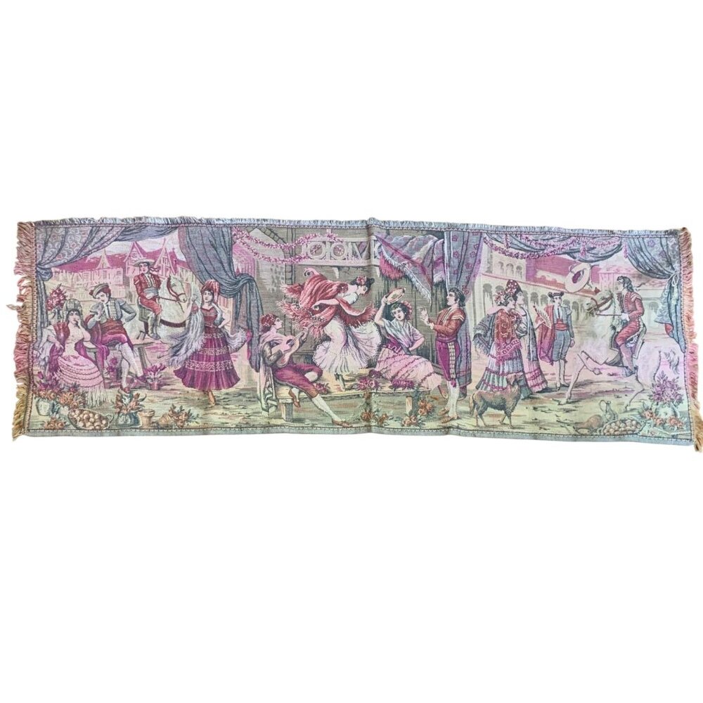 VTG Italian Tapestry Wall Hanging Elegant 19th Century Garden Scene Courting